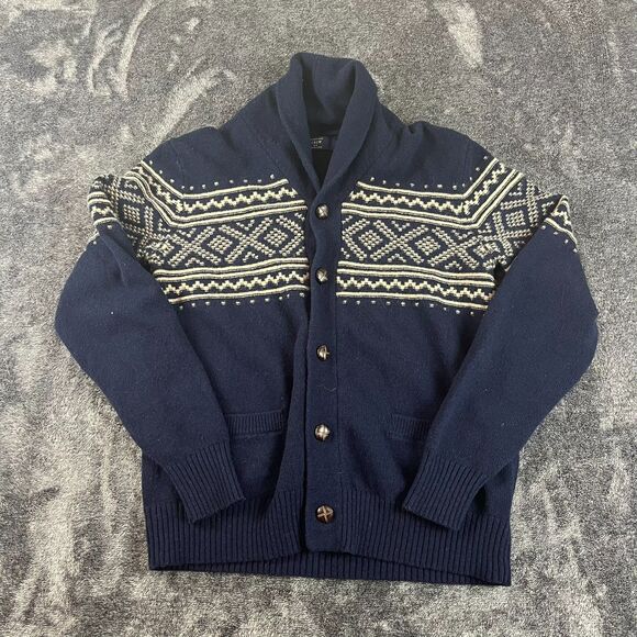 J. Crew 100% Lambswool Collared Cardigan Navy Blue Fair Isle Men's M Fisherman - Picture 1 of 10